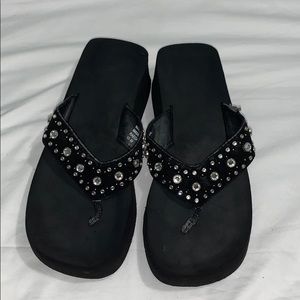 Platform Black Flip Flips with Stones on Strap